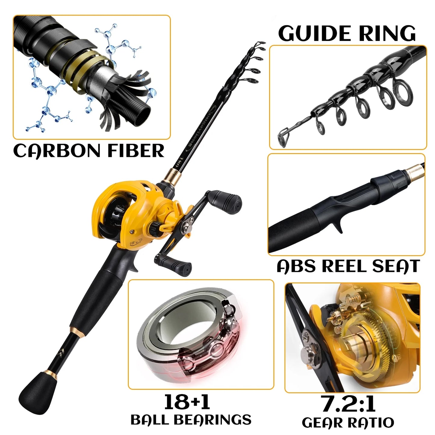 Casting Fishing Rod and Reel Combo Telescopic Pole with 7.2:1 High Speed Baitcaster Reel