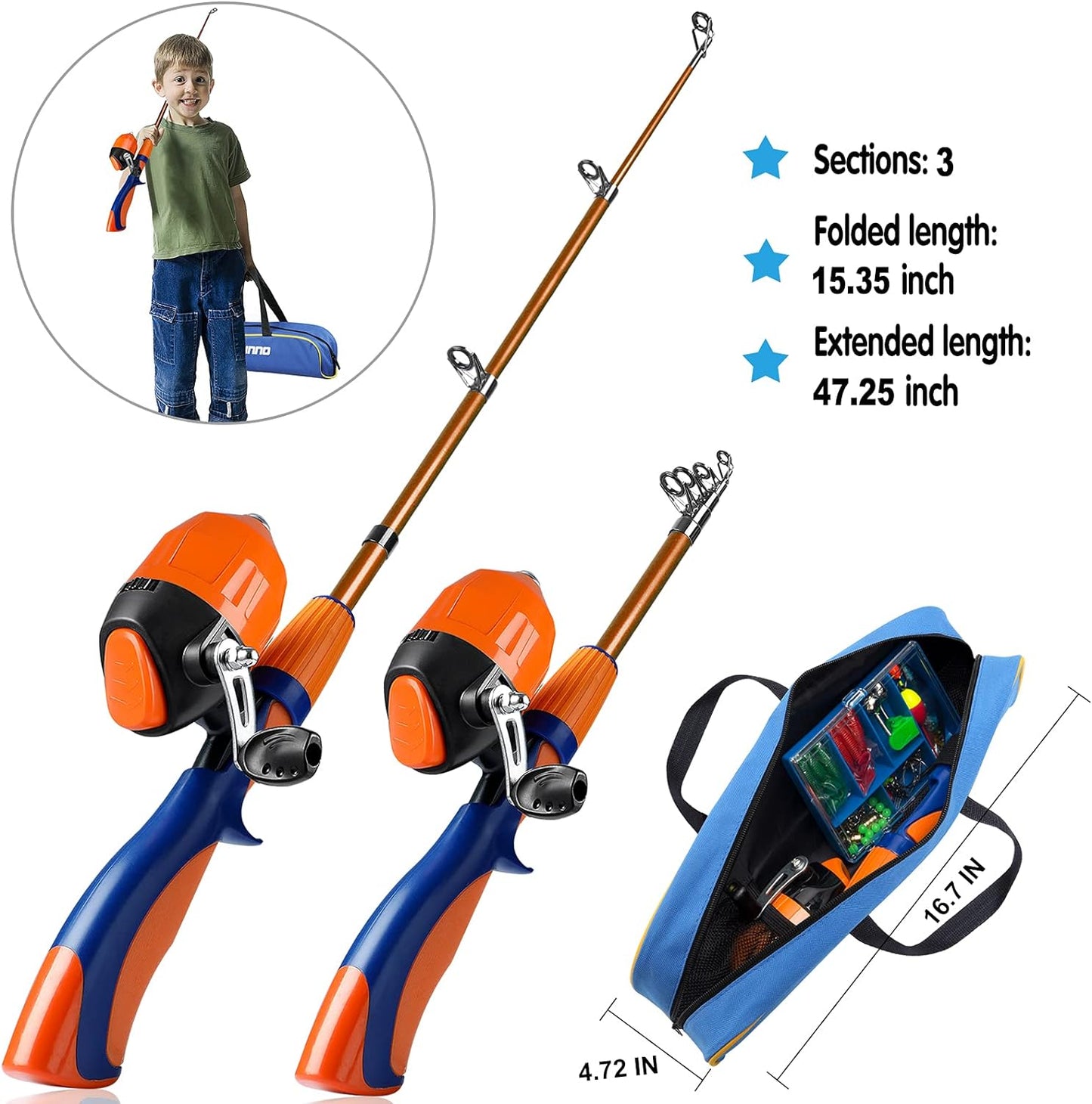 Kids Fishing Pole,Ice Telescopic Fishing Rod and Reel Full Kits, Spincast Youth Fishing Pole Fishing Gear for Kids, Boys