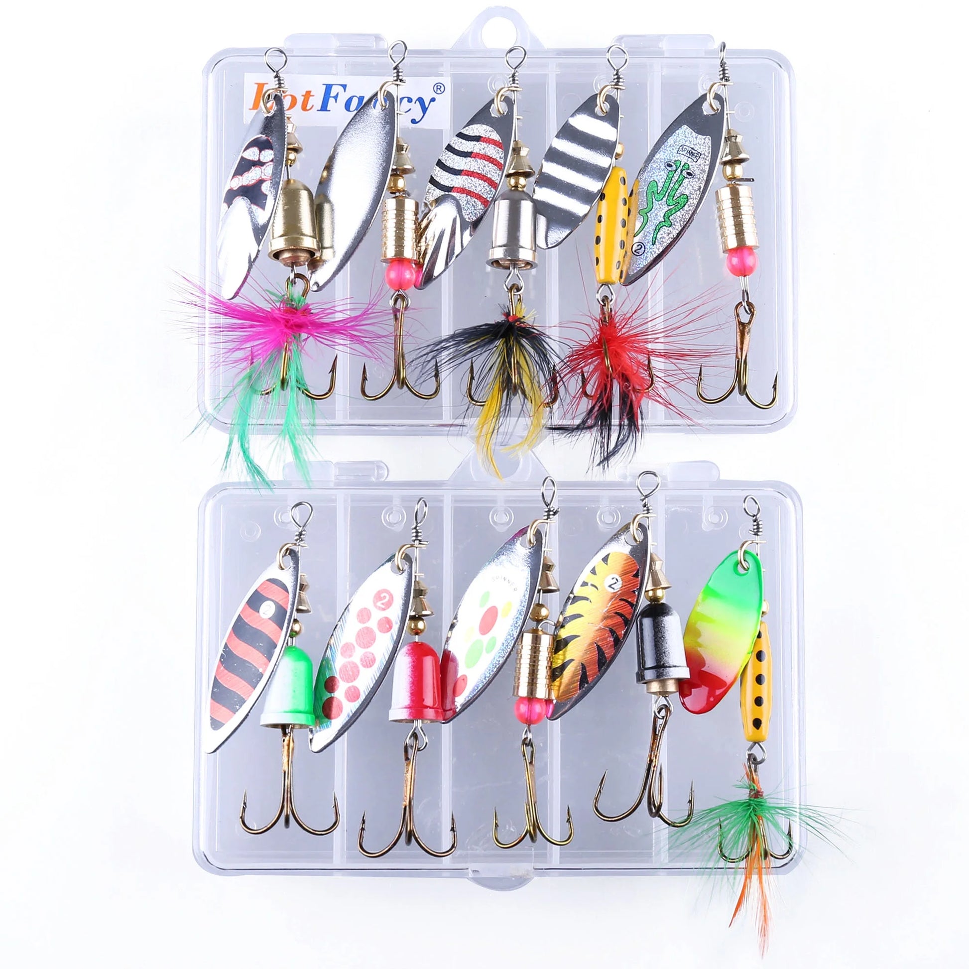 10Pcs Fishing Lures Spinnerbait, Hard Metal Bass Trout Salmon Kit with 2 Tackle Boxes