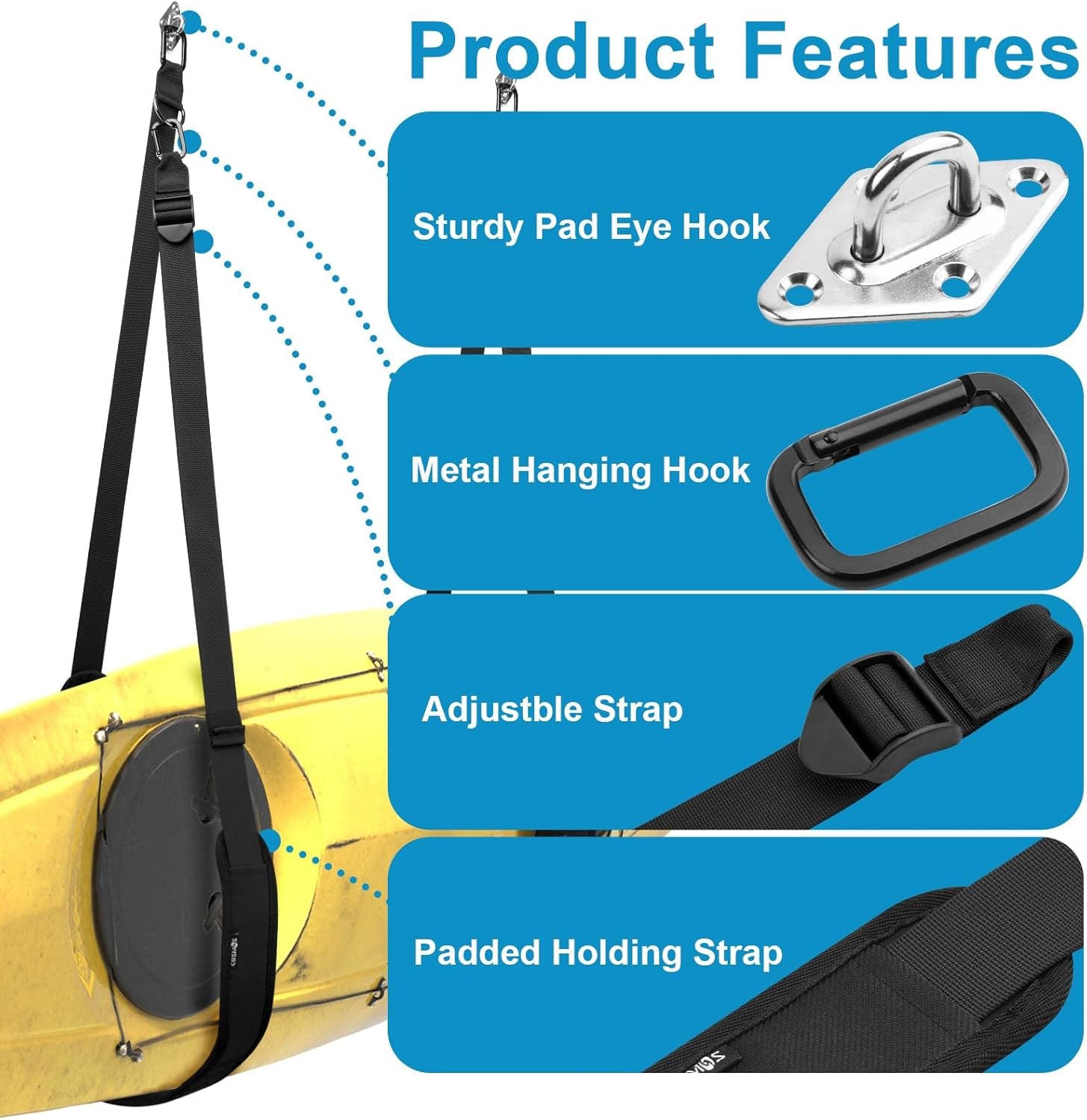 Kayak Wall Hanging Storage Strap Adjustable Kayak Hoist Sling Strap Kayak Storage Accessories Hanger Strap for Indoor & Outdoor Storing of Kayak Surfboard Canoe SUP Paddle Board in Garage Beach