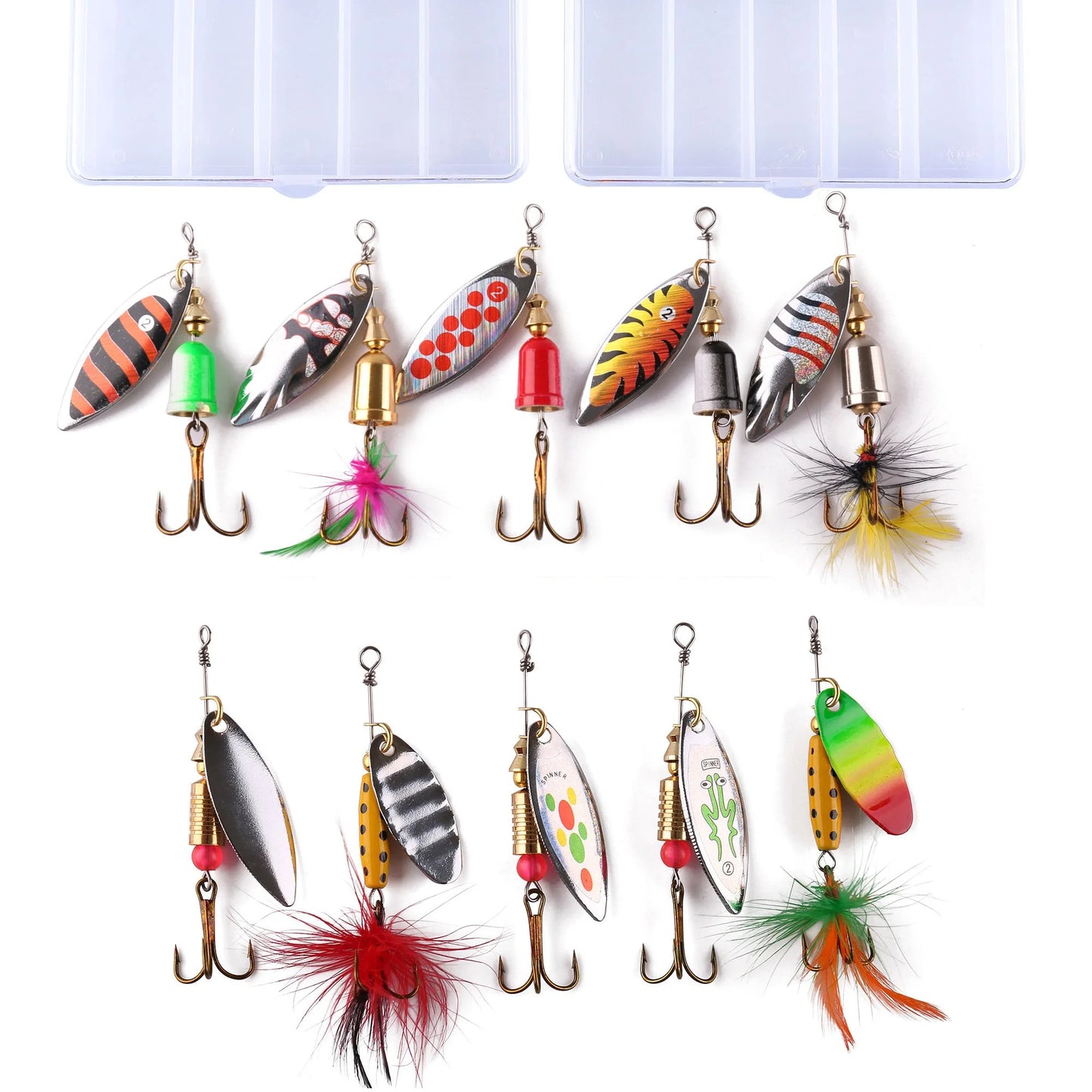 10Pcs Fishing Lures Spinnerbait, Hard Metal Bass Trout Salmon Kit with 2 Tackle Boxes