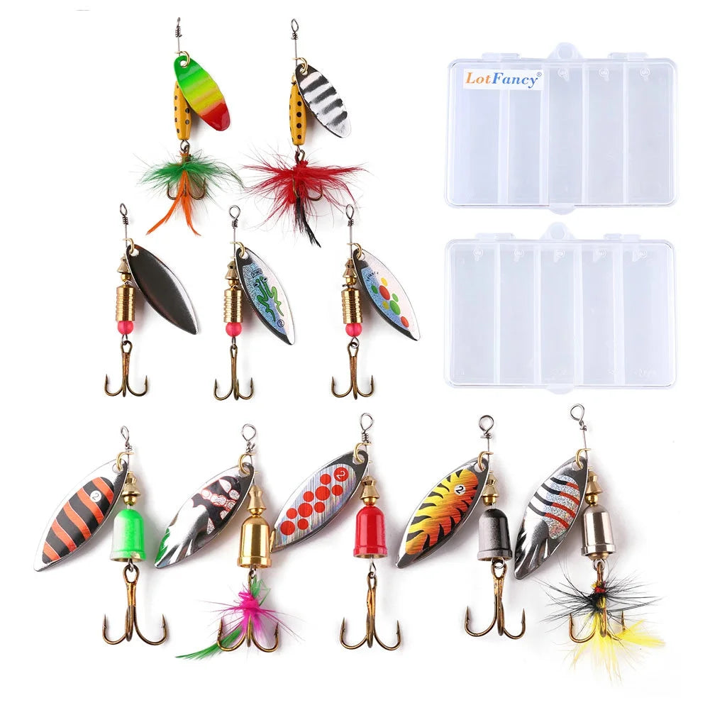 10Pcs Fishing Lures Spinnerbait, Hard Metal Bass Trout Salmon Kit with 2 Tackle Boxes