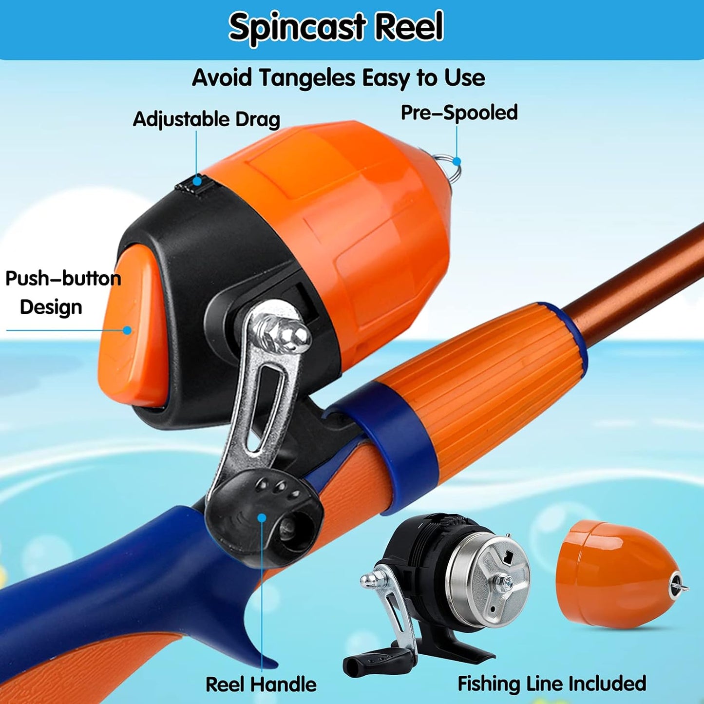 Kids Fishing Pole,Ice Telescopic Fishing Rod and Reel Full Kits, Spincast Youth Fishing Pole Fishing Gear for Kids, Boys