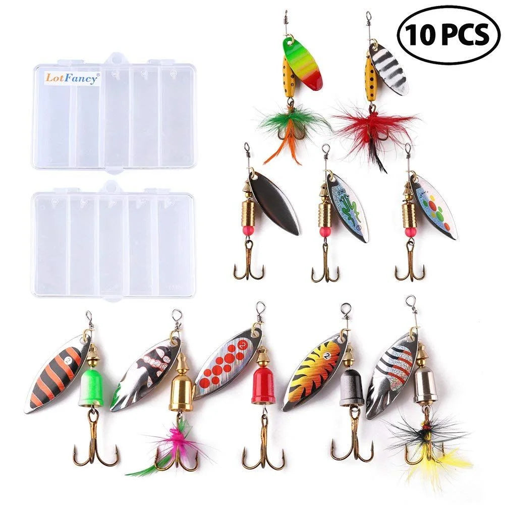 10Pcs Fishing Lures Spinnerbait, Hard Metal Bass Trout Salmon Kit with 2 Tackle Boxes