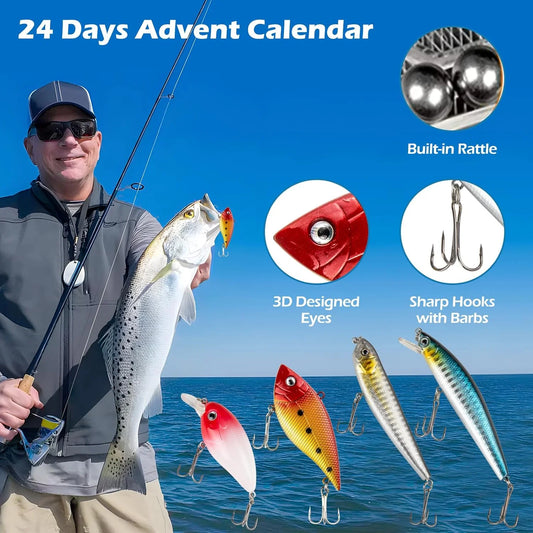 Fishing Lures 2024 Advent Calendar Christmas Countdown Lure Baits Mystery Tackle Box- 24 Days of Surprises for Fisher Adult Men Teen Boys