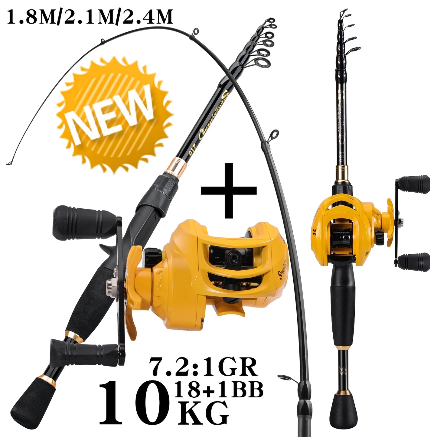 Casting Fishing Rod and Reel Combo Telescopic Pole with 7.2:1 High Speed Baitcaster Reel