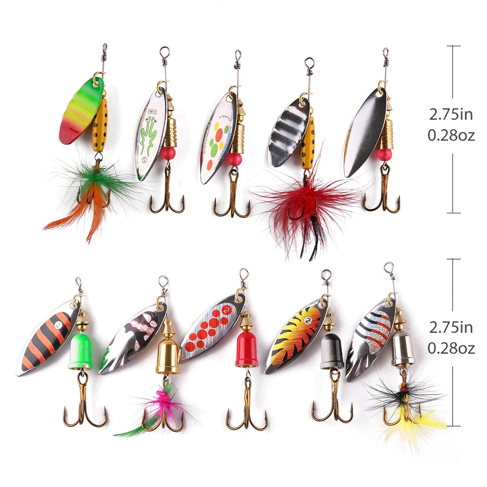 10Pcs Fishing Lures Spinnerbait, Hard Metal Bass Trout Salmon Kit with 2 Tackle Boxes